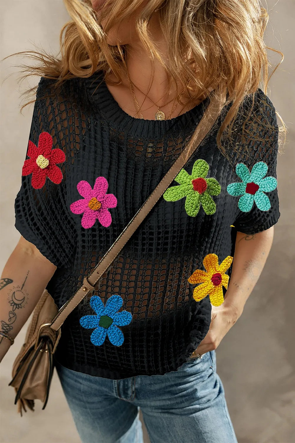 Flower Round Neck Half Sleeve Knit Cover Up – view 2