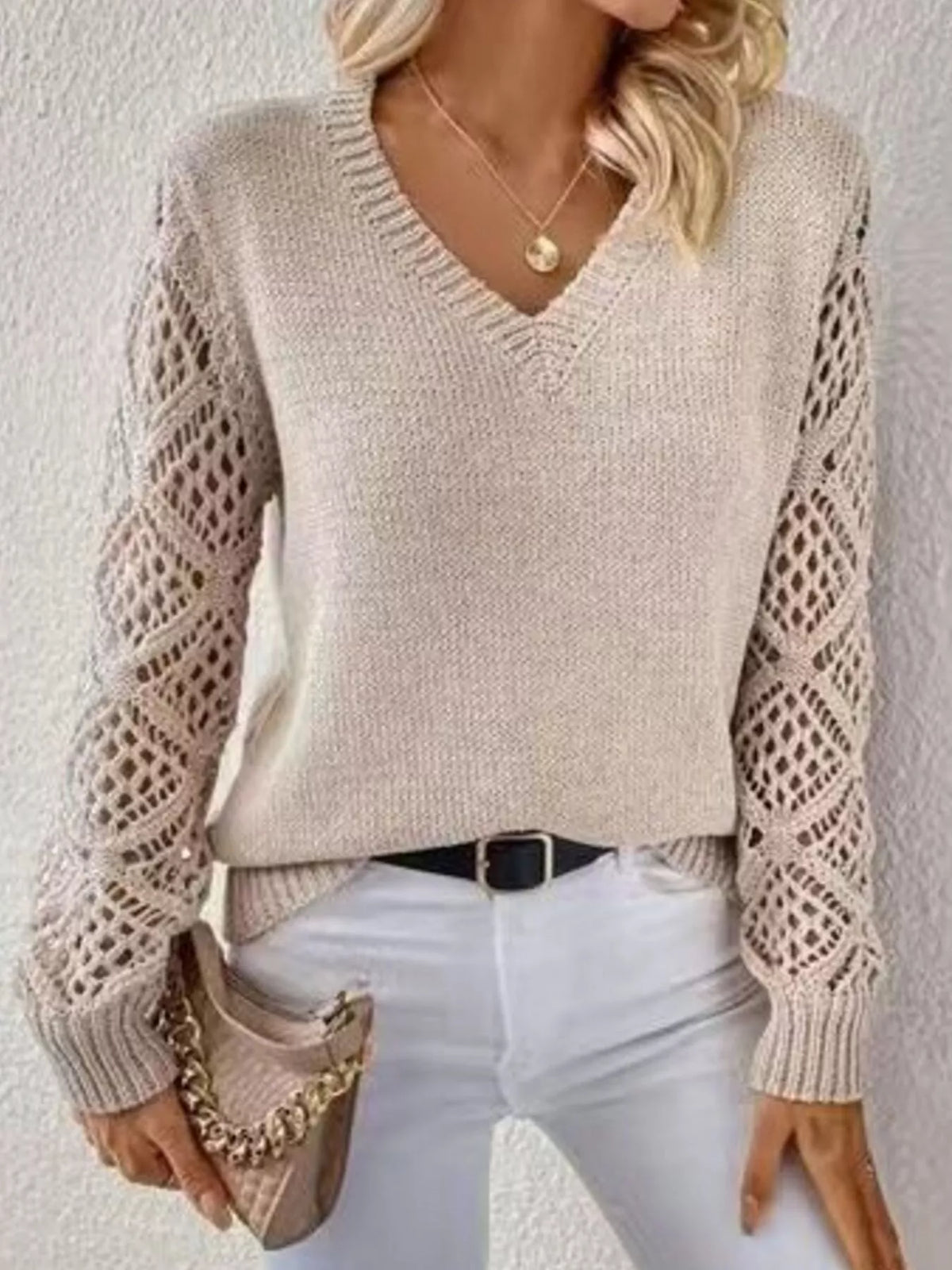 V-Neck Hollow-Out Sleeve Knit Sweater – view 2