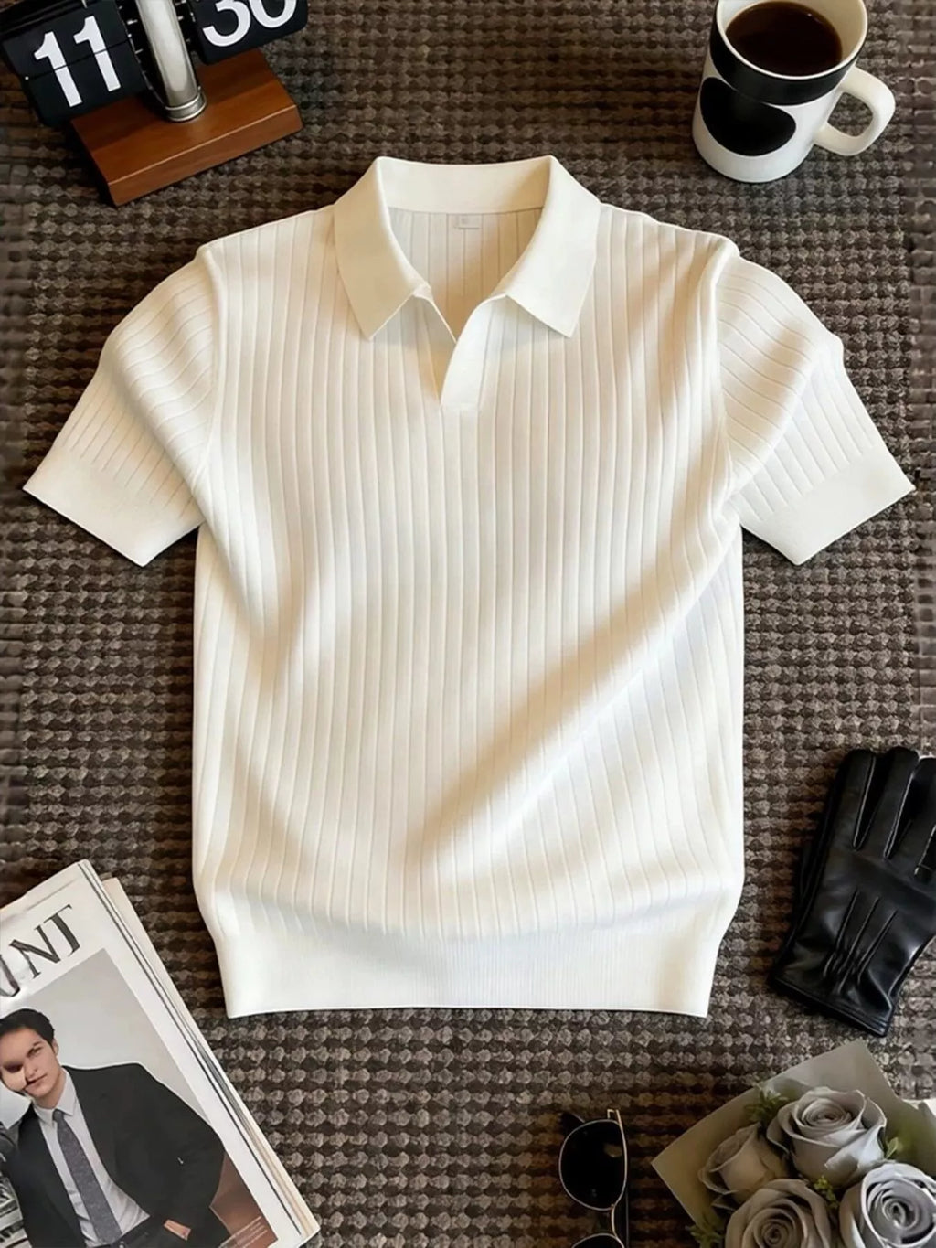 Men's Ribbed Knit Polo Shirt with Classic Collar