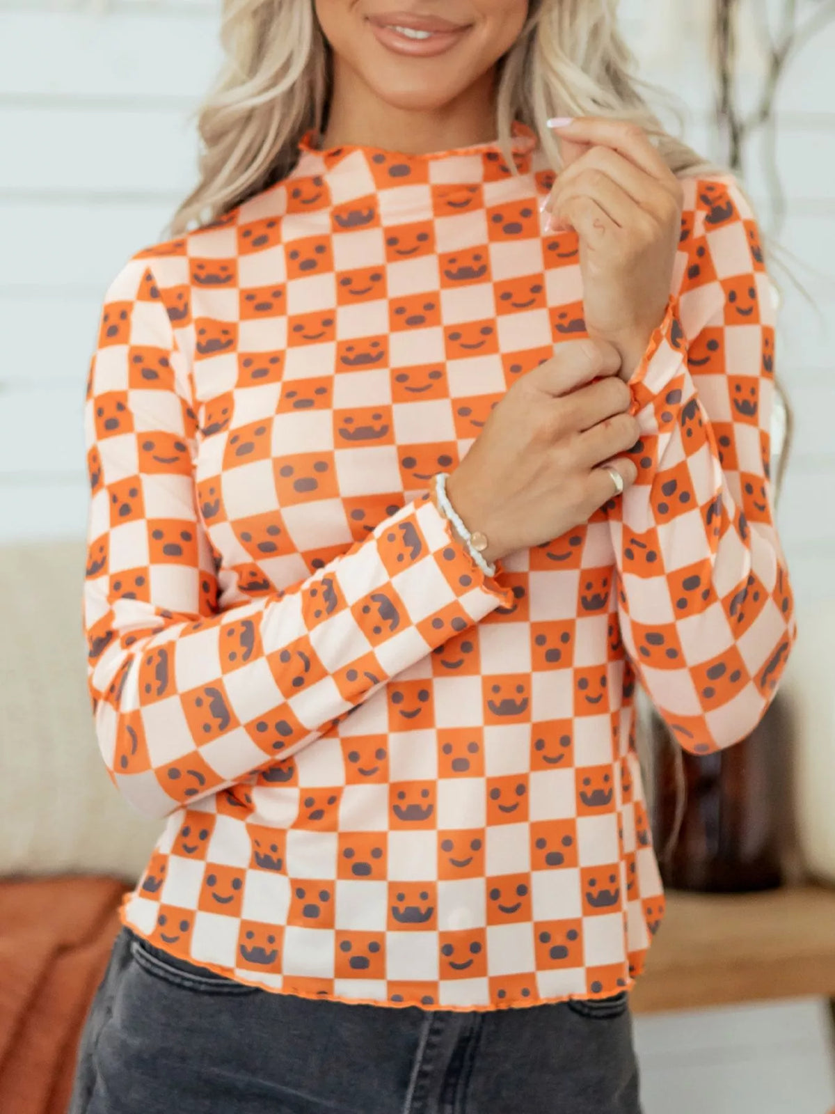 Abstract Halloween Pattern Long Sleeve Mock Neck Blouse – view 3