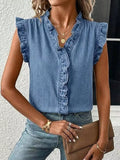 Ruffle Trim V-Neck Sleeveless Denim Top