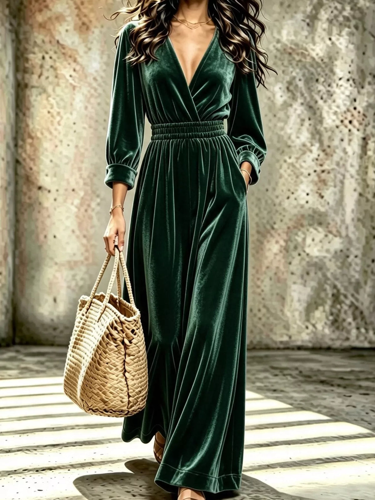 Velvet Surplice Long Sleeve Jumpsuit