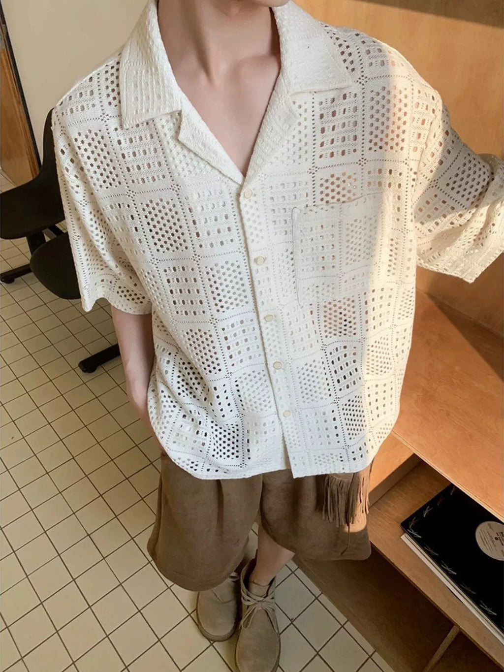 Men's Plus Size Crocheted Square Pattern Short Sleeve Shirt – view 2