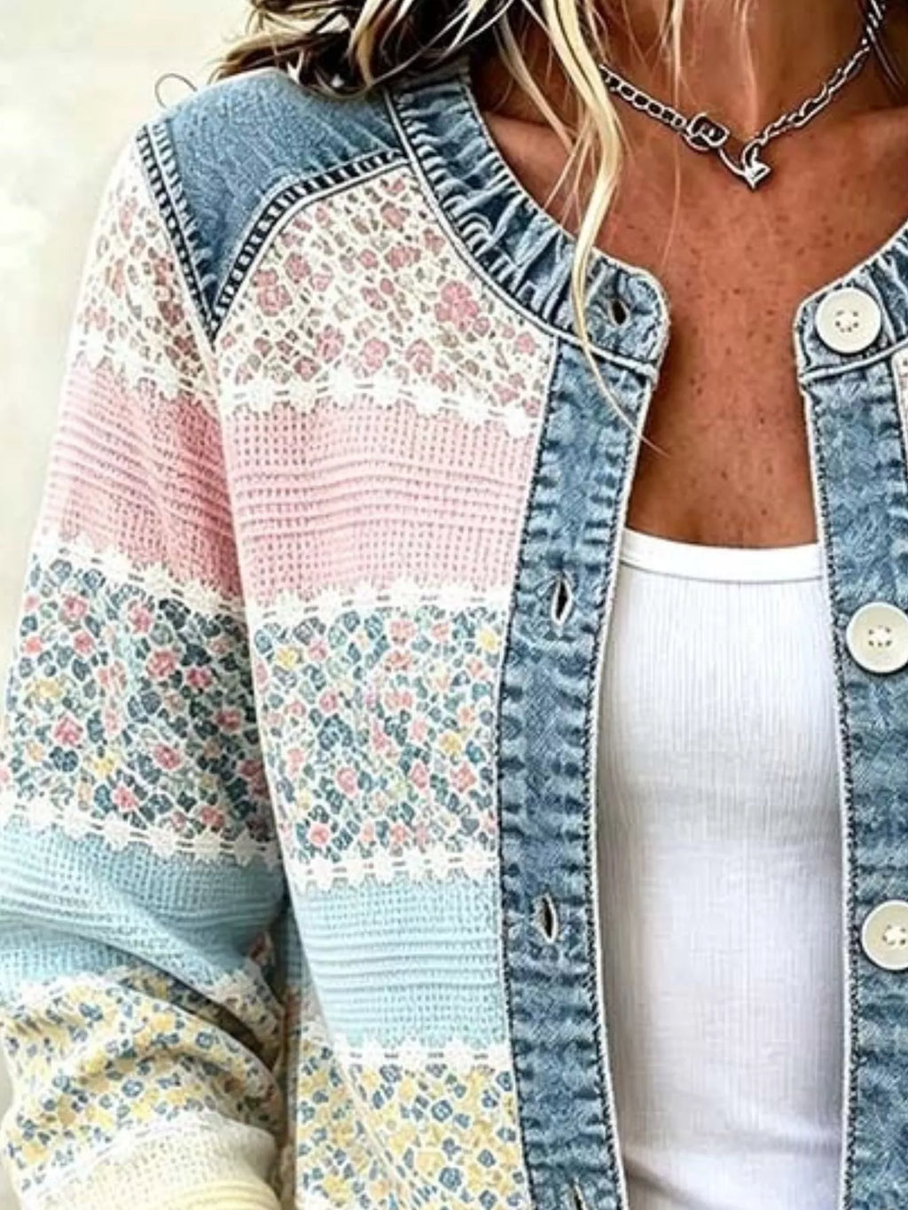 Full Size Floral Patchwork Denim Trim Jacket Plus Size – view 2