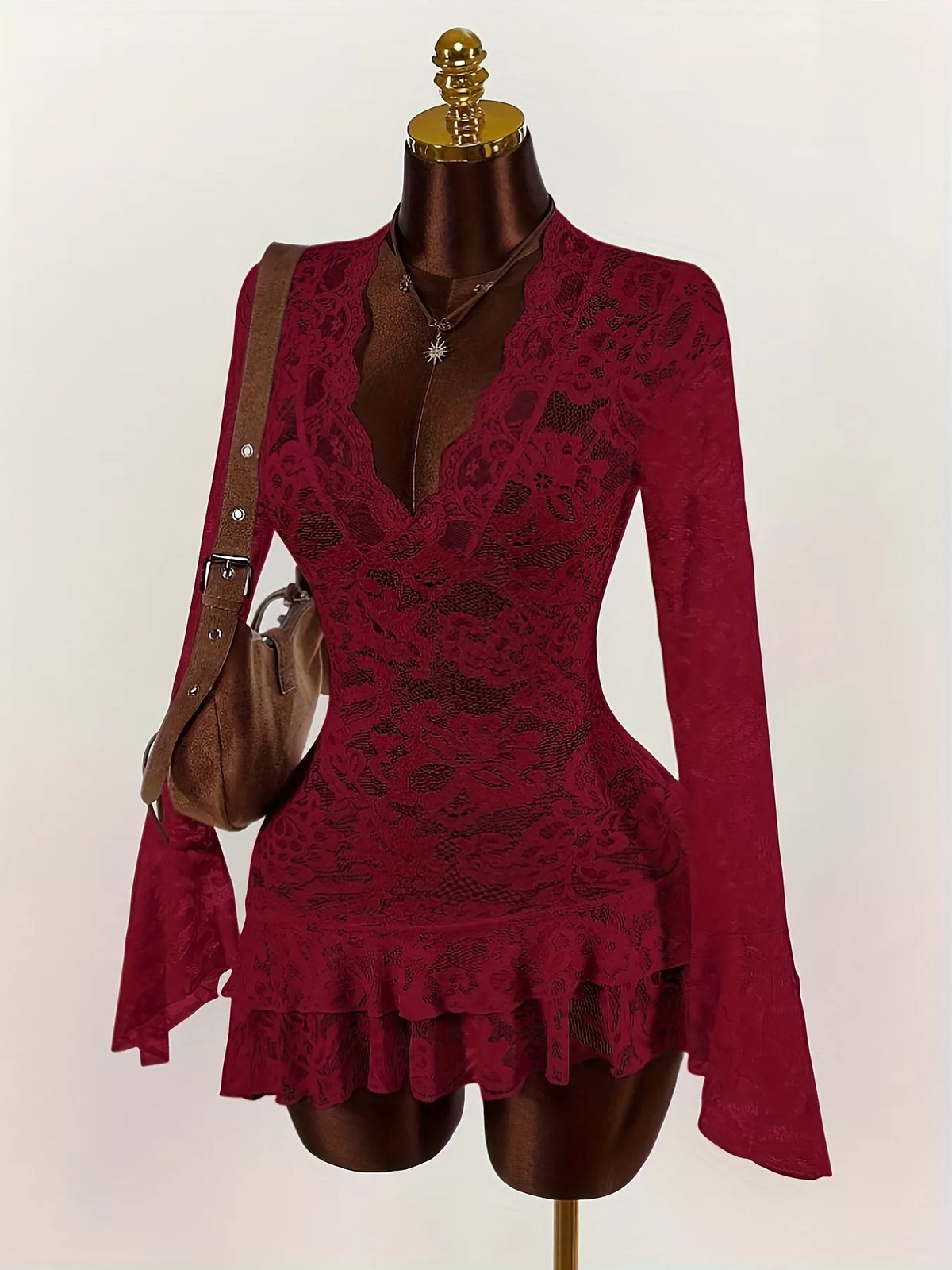 Lace V-Neck Long Sleeve Ruffled Blouse – view 2