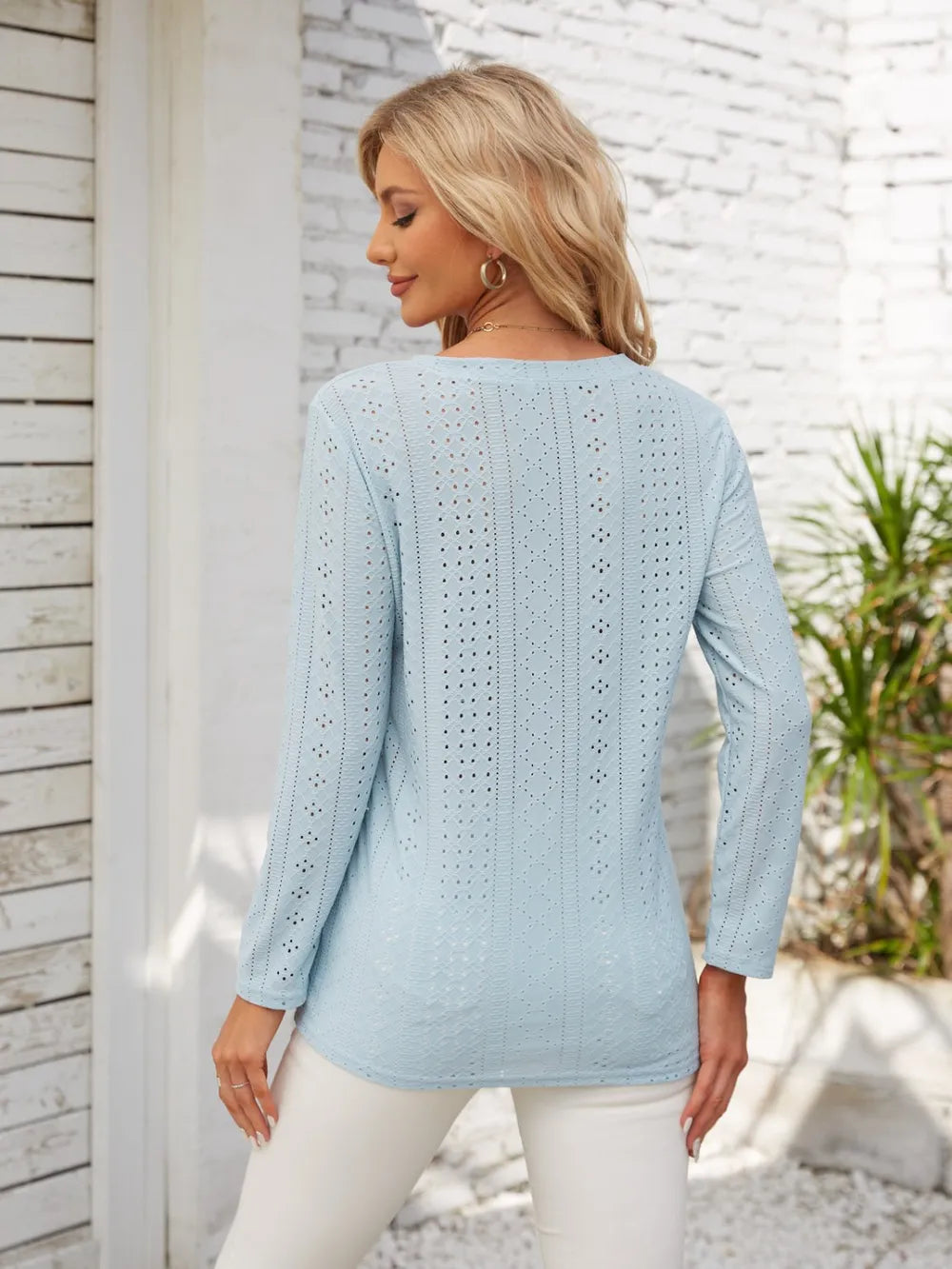 Decorative Button Openwork V-Neck T-Shirt – view 3