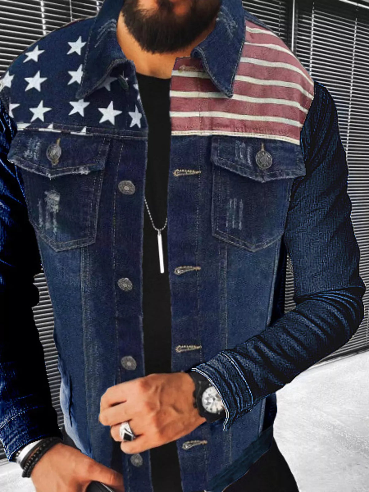 Men's Plus Size Distressed Button Up Denim-Look Jacket
