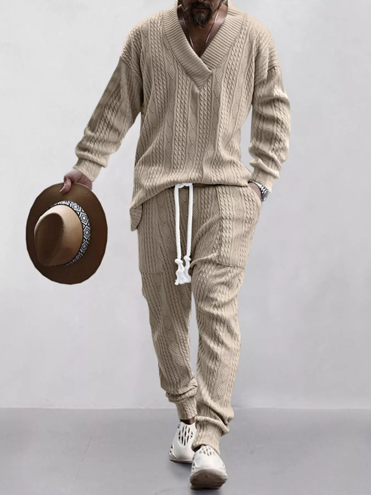 Men's Full Size Texture Knit Dropped Shoulder Top and Pants Set Plus Size – view 3