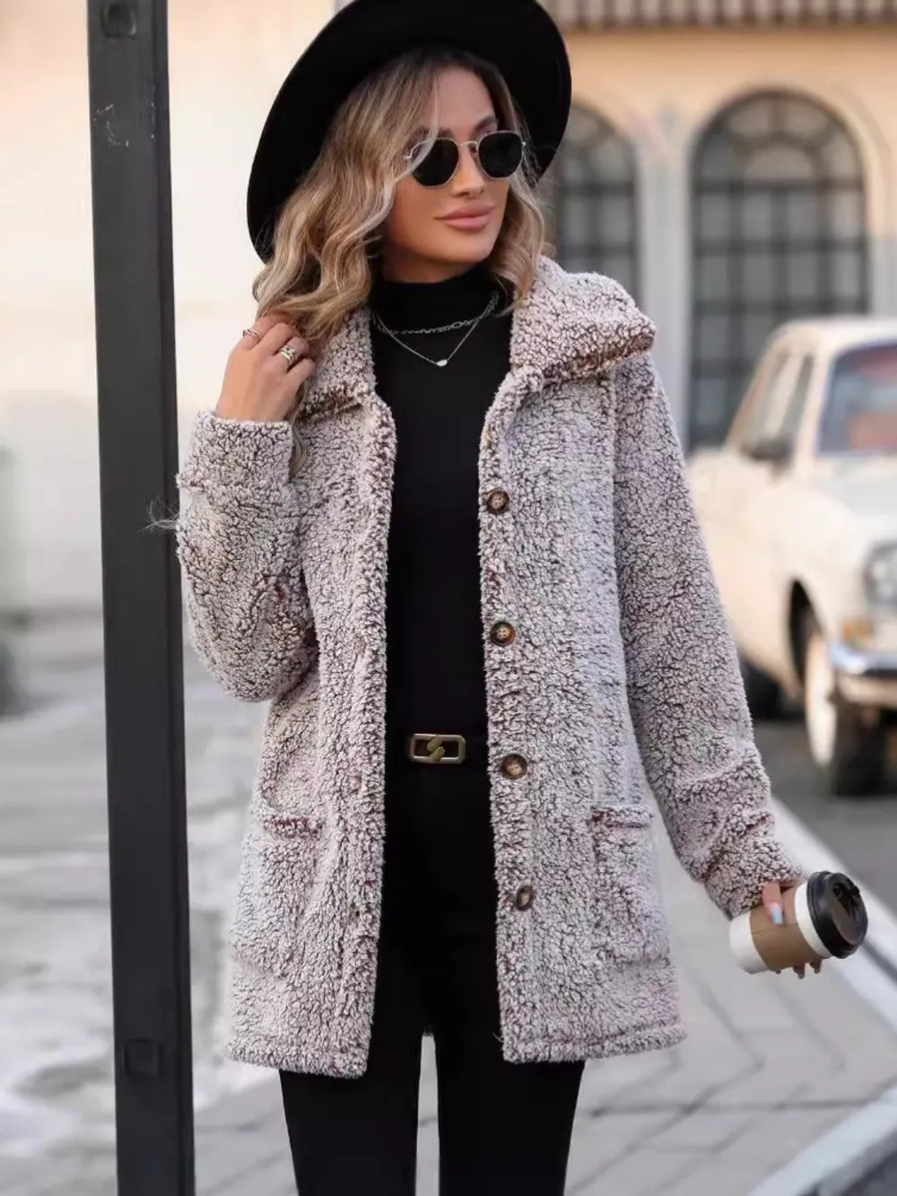 Pocketed Collared Neck Long Sleeve Plush Jacket – view 3