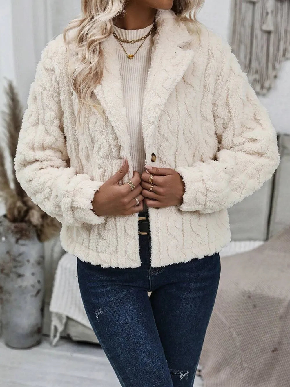 Fuzzy Button Up Collared Neck Jacket – view 2