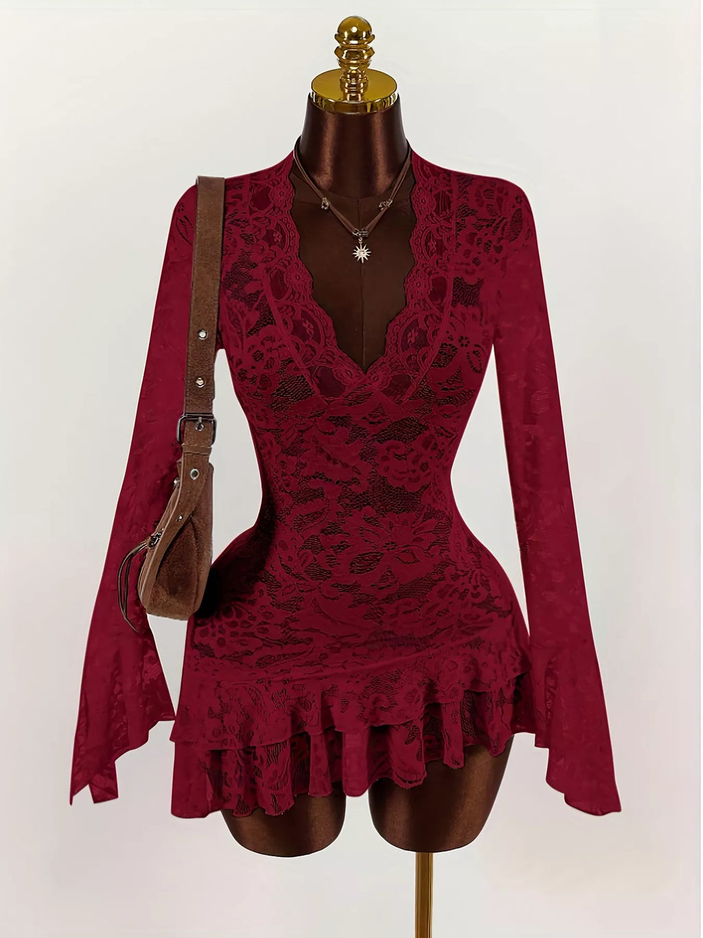 Lace V-Neck Long Sleeve Ruffled Blouse