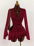 Lace V-Neck Long Sleeve Ruffled Blouse