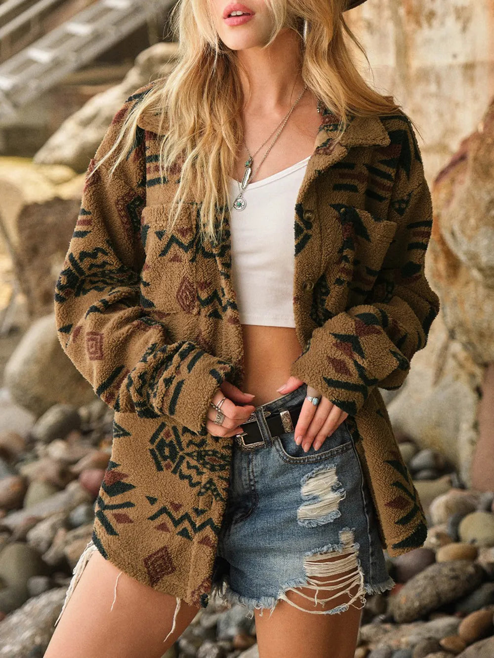Geometric Button Up Long Sleeve Sherpa Jacket – view 3
