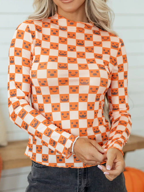 Abstract Halloween Pattern Long Sleeve Mock Neck Blouse
