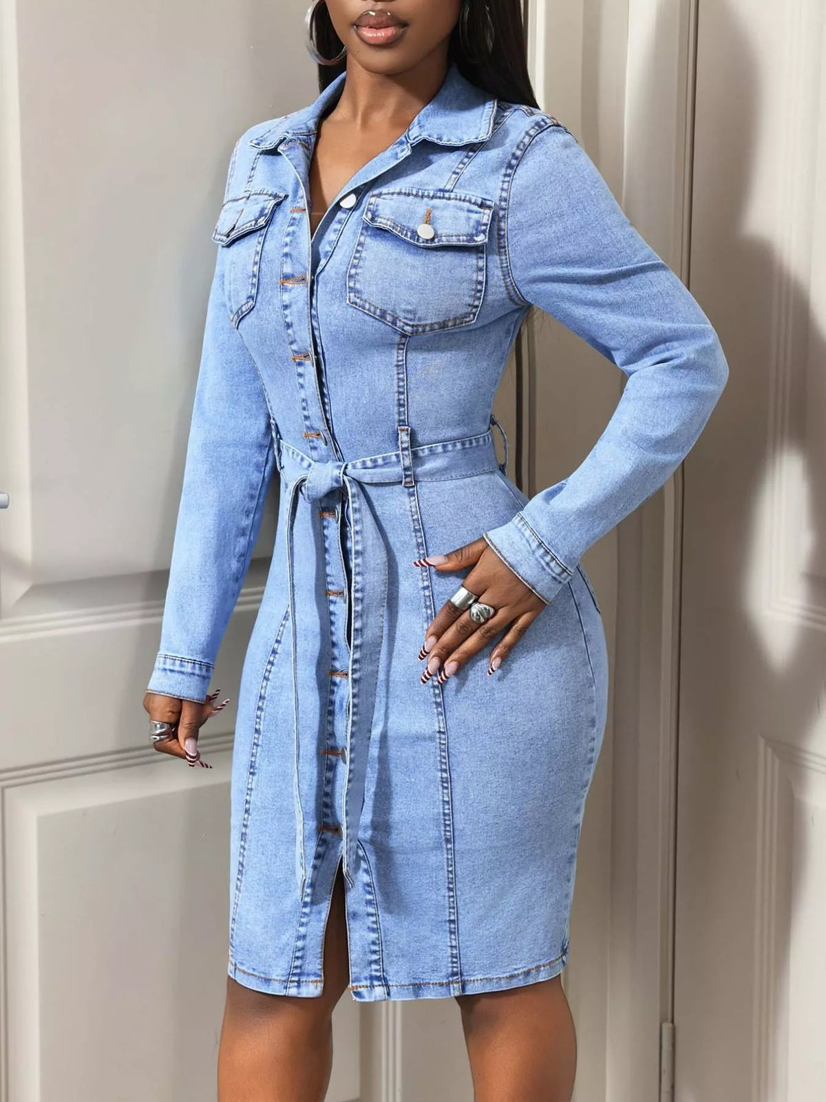 Button-Down Tie Waist Denim Dress – view 3