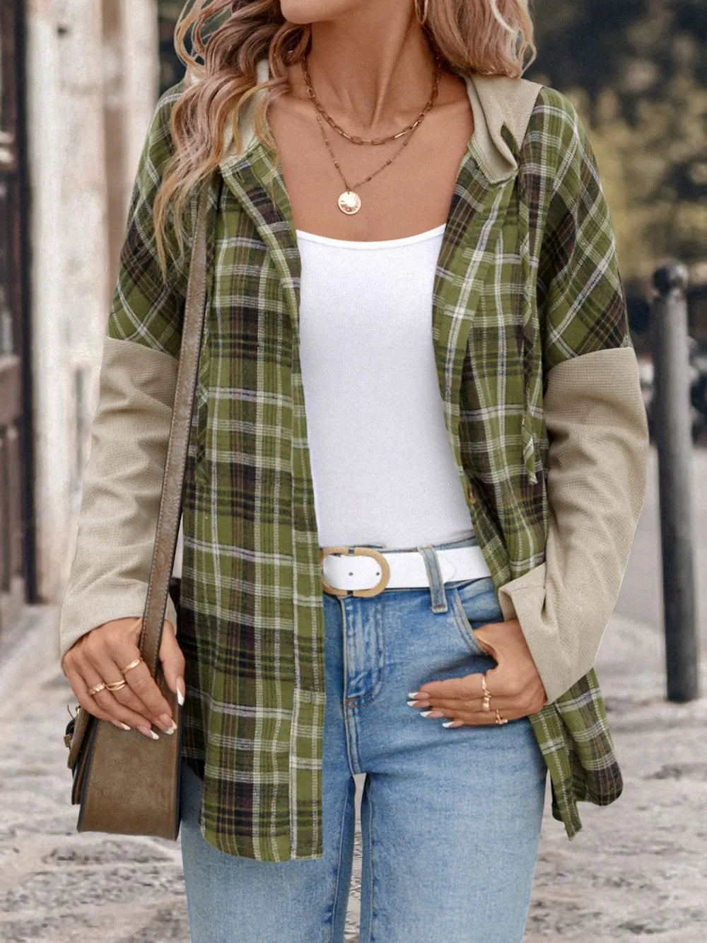 Perfee Drawstring Plaid Long Sleeve Hooded Shirt – view 3