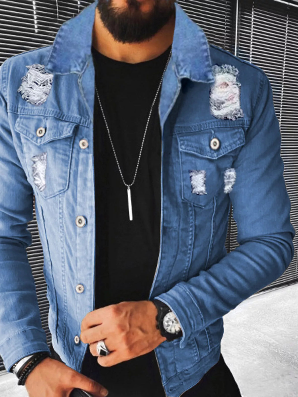 Men's Plus Size Distressed Button Up Denim-Look Jacket – view 3