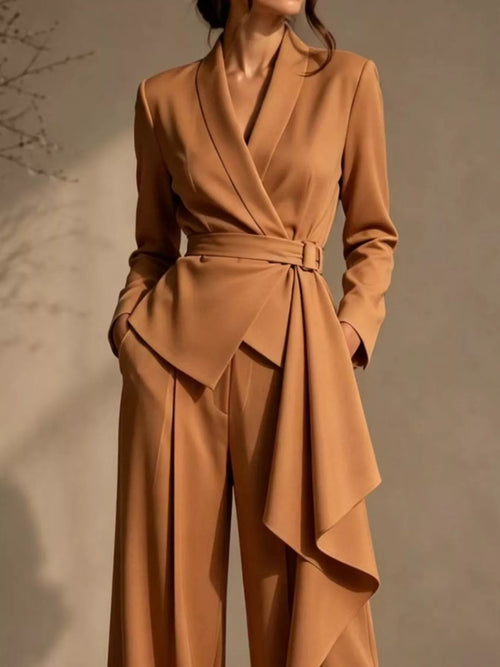 Full Size Belted Blazer and Wide-Leg Pants Set Plus Size – view 2