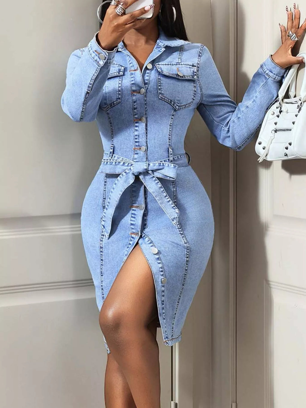 Button-Down Tie Waist Denim Dress