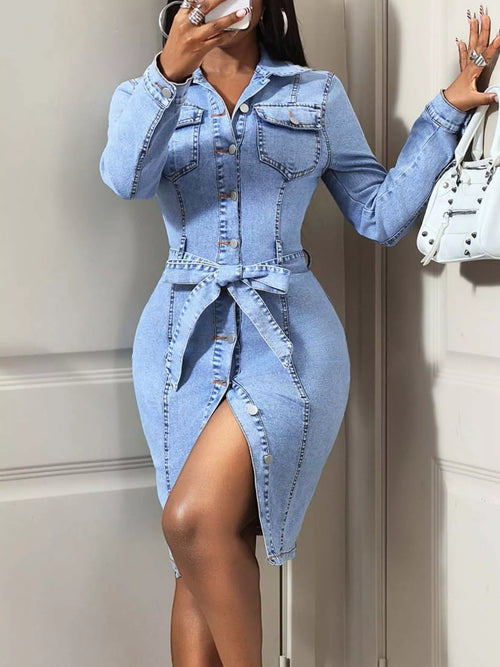 Button-Down Tie Waist Denim Dress