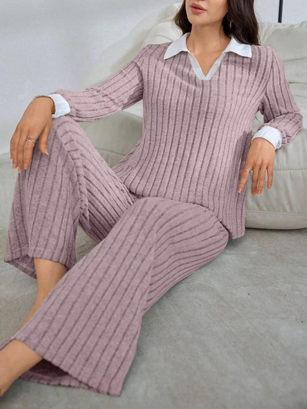 Ribbed Knit Polo Collar Top and Pants Lounge Set – view 3