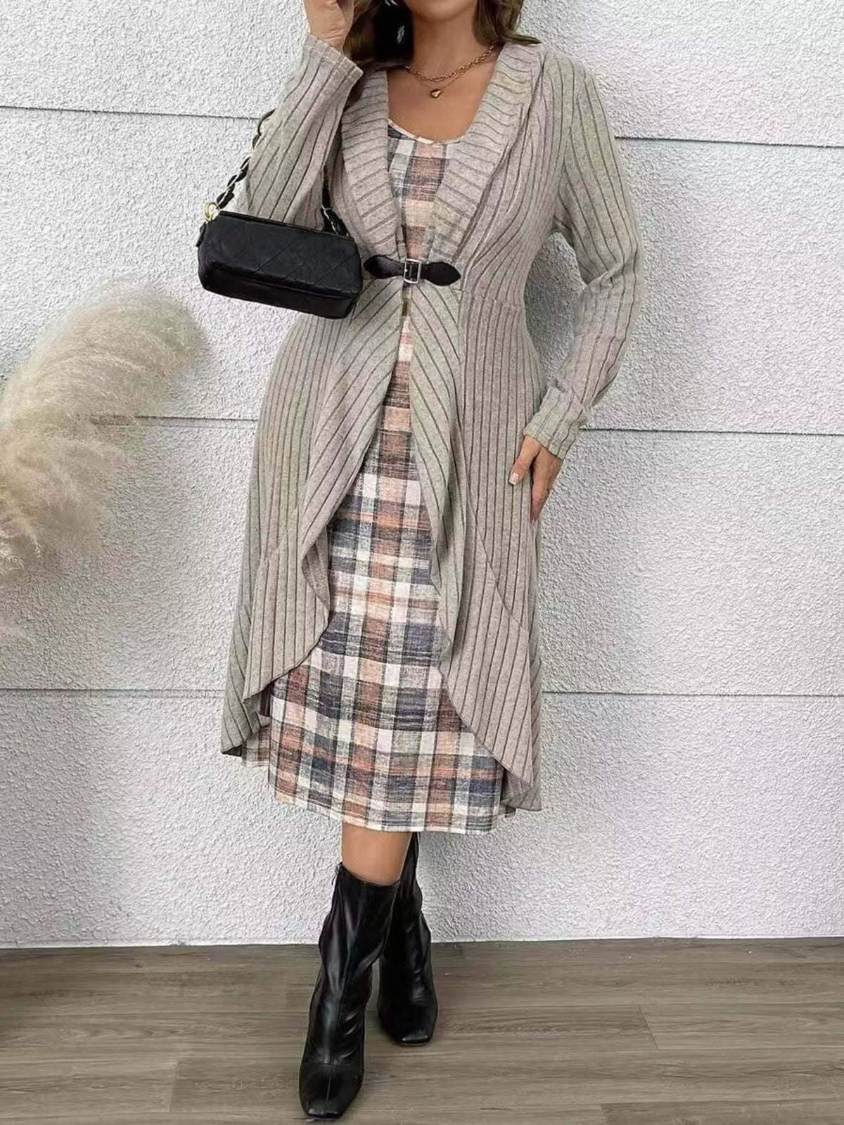 Full Size Ribbed Knit Cardigan and Plaid Dress Two-Piece Set Plus Size – view 2