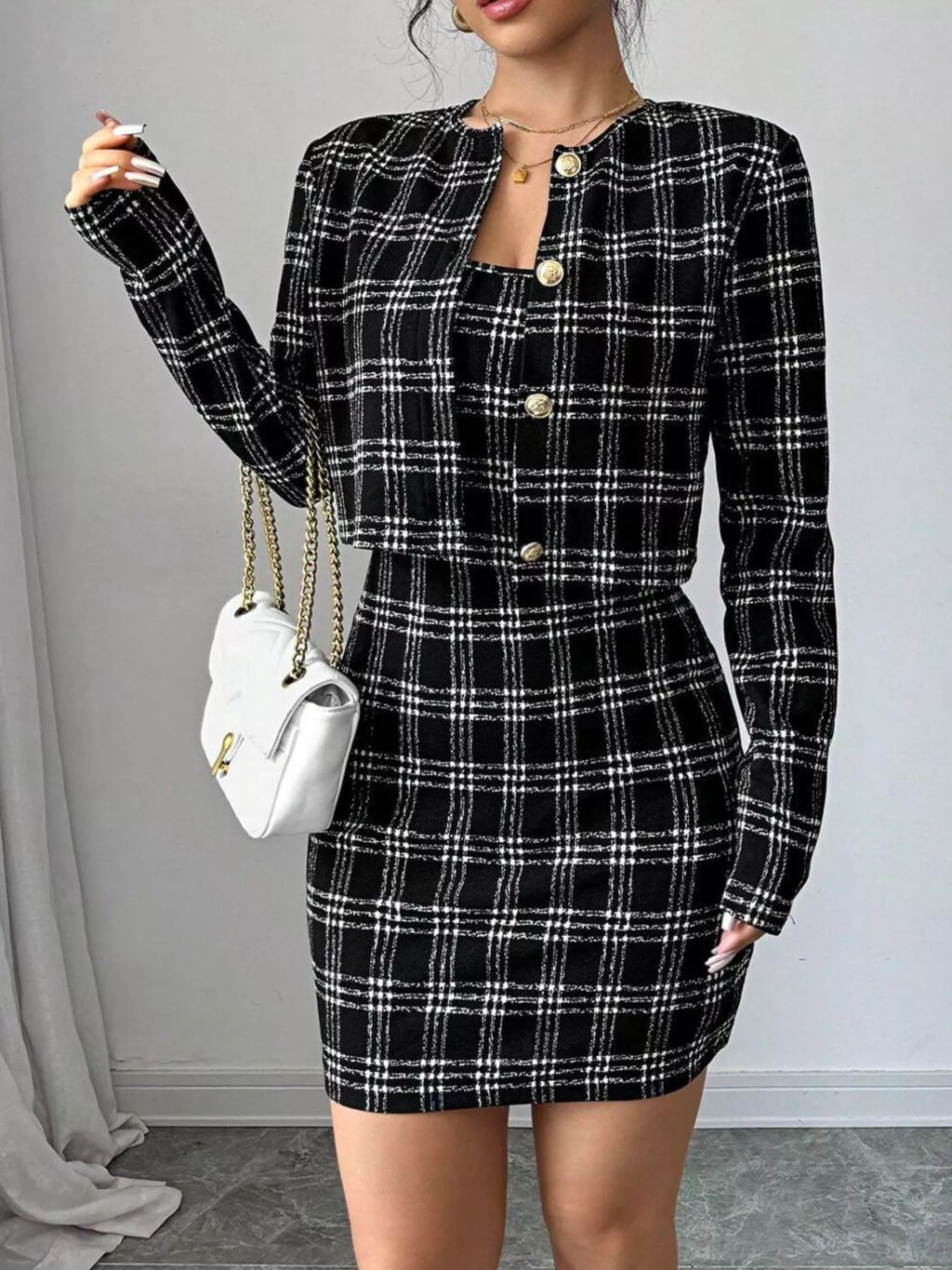 Plaid Tweed Crop Outerwear and Bodycon Mini Dress Two-Piece Set