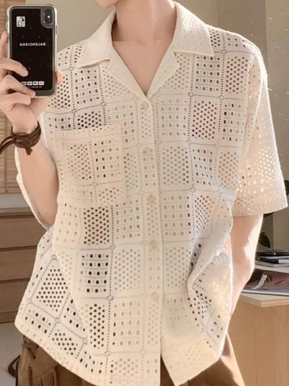 Men's Plus Size Crocheted Square Pattern Short Sleeve Shirt