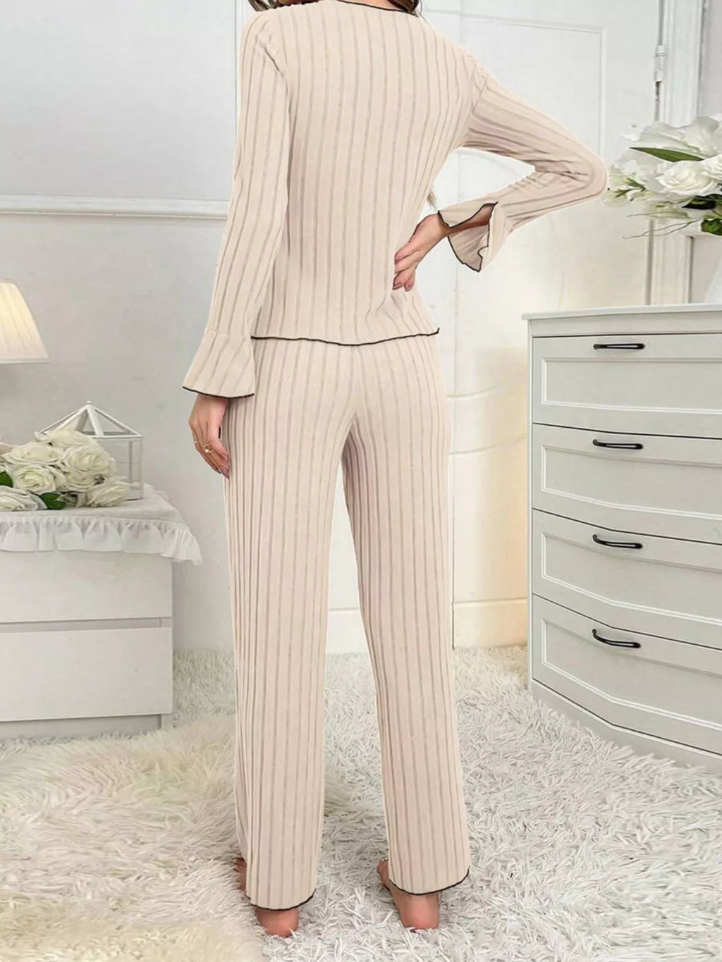 Contrast Bow Detail Top and Pants Lounge Set – view 3