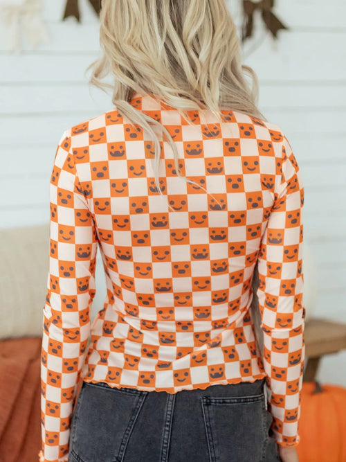 Abstract Halloween Pattern Long Sleeve Mock Neck Blouse – view 2