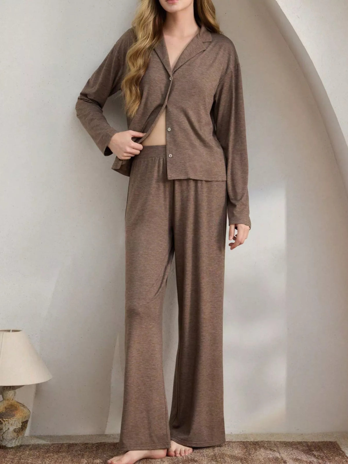 Button-Down Top and Wide-Leg Pants Lounge Set