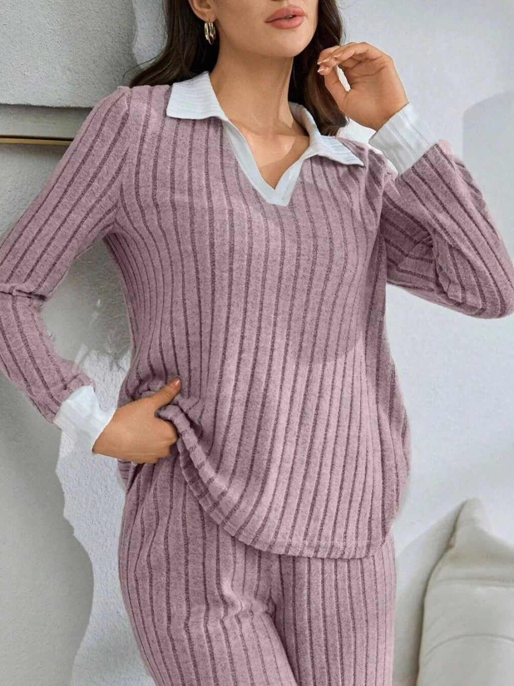 Ribbed Knit Polo Collar Top and Pants Lounge Set – view 2