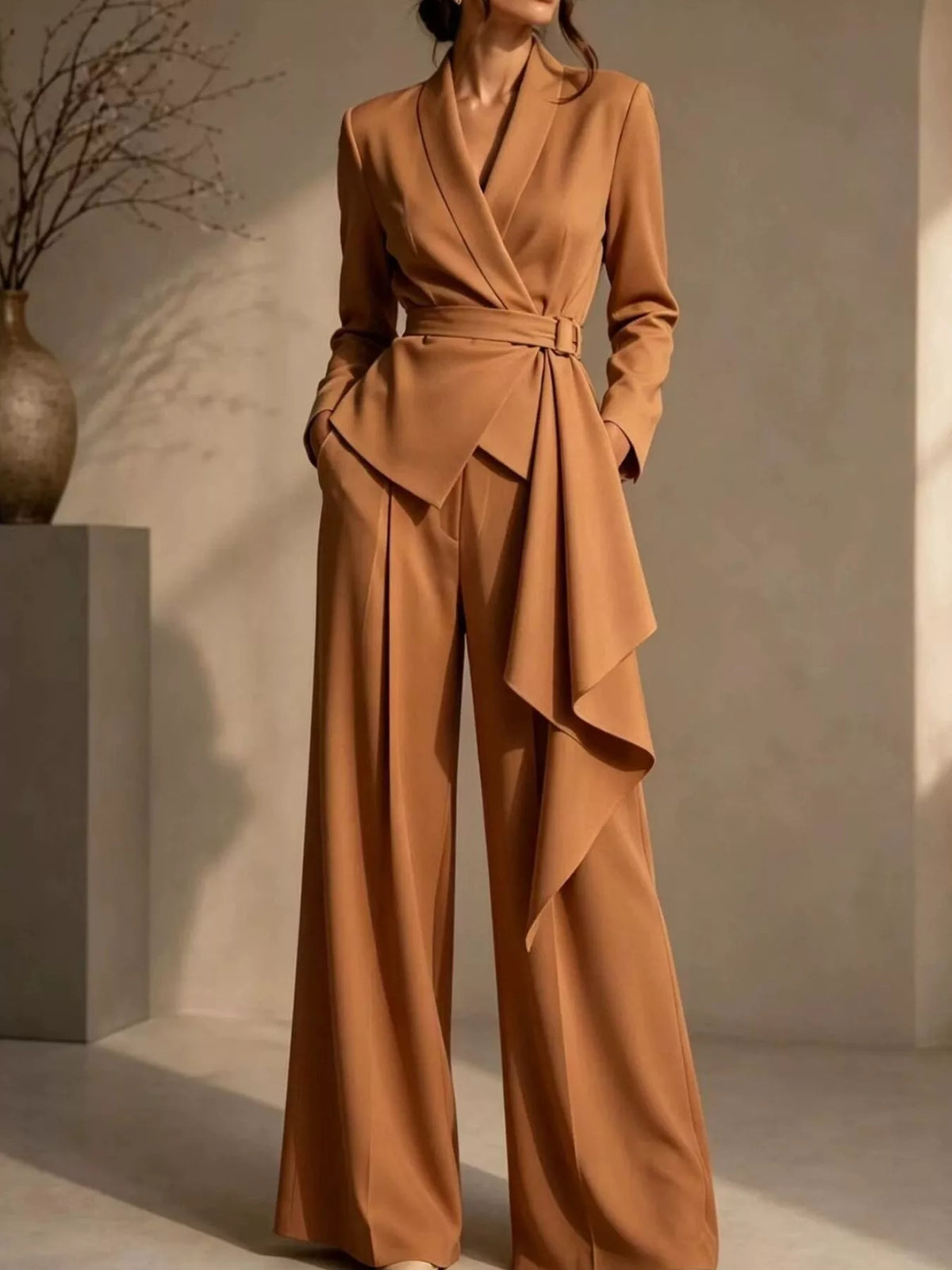 Full Size Belted Blazer and Wide-Leg Pants Set Plus Size