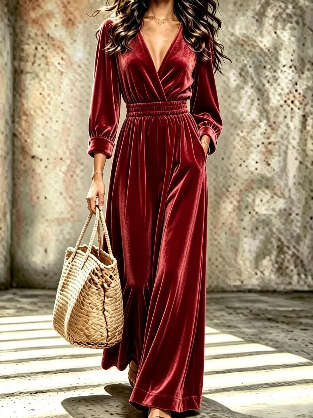 Velvet Surplice Long Sleeve Jumpsuit – view 3