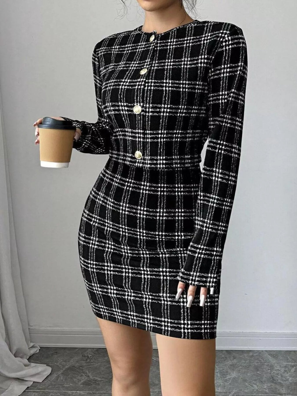 Plaid Tweed Crop Outerwear and Bodycon Mini Dress Two-Piece Set – view 3