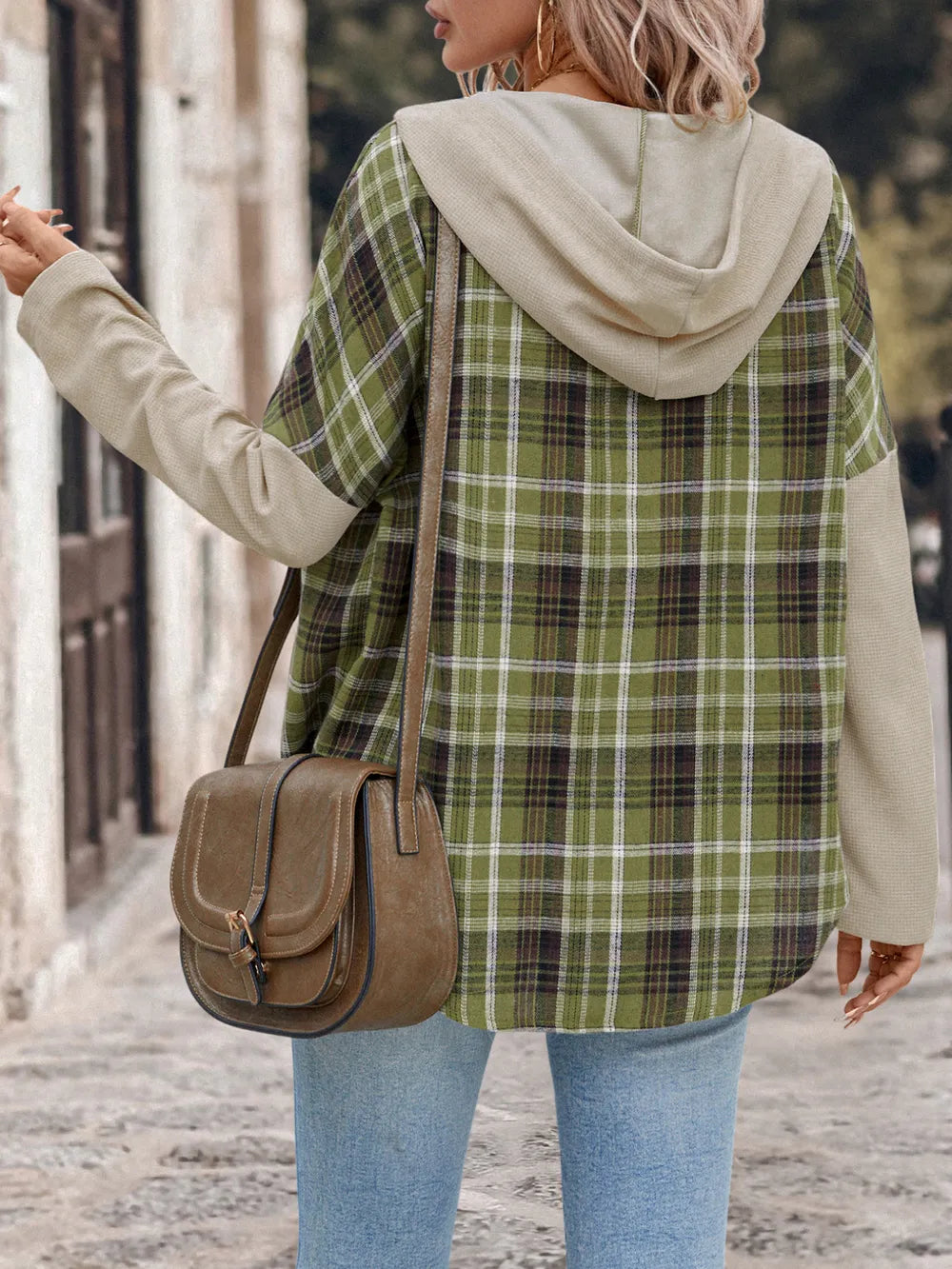 Perfee Drawstring Plaid Long Sleeve Hooded Shirt – view 2