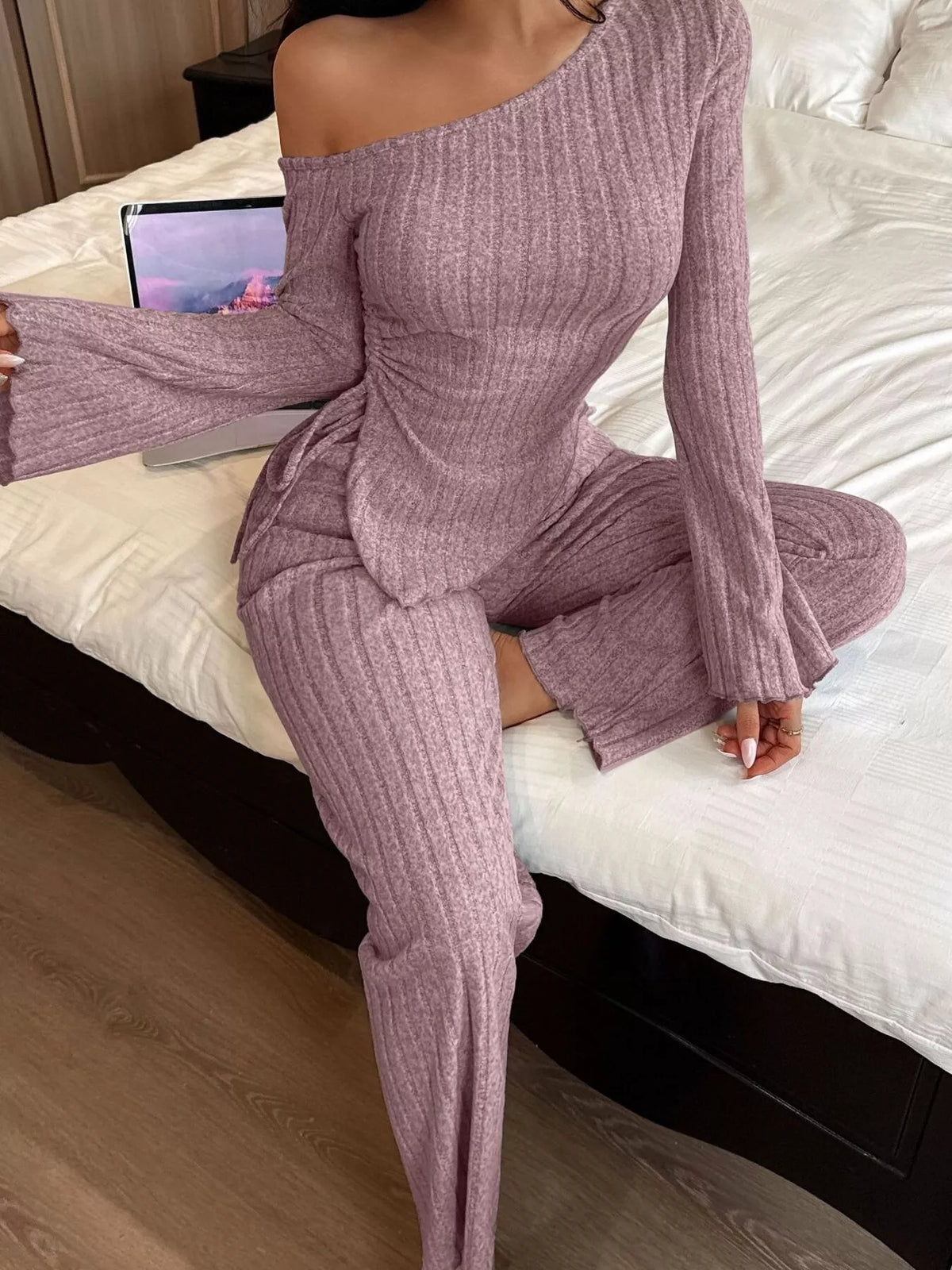 One-Shoulder Ribbed Knit Top and Pants Set – view 2