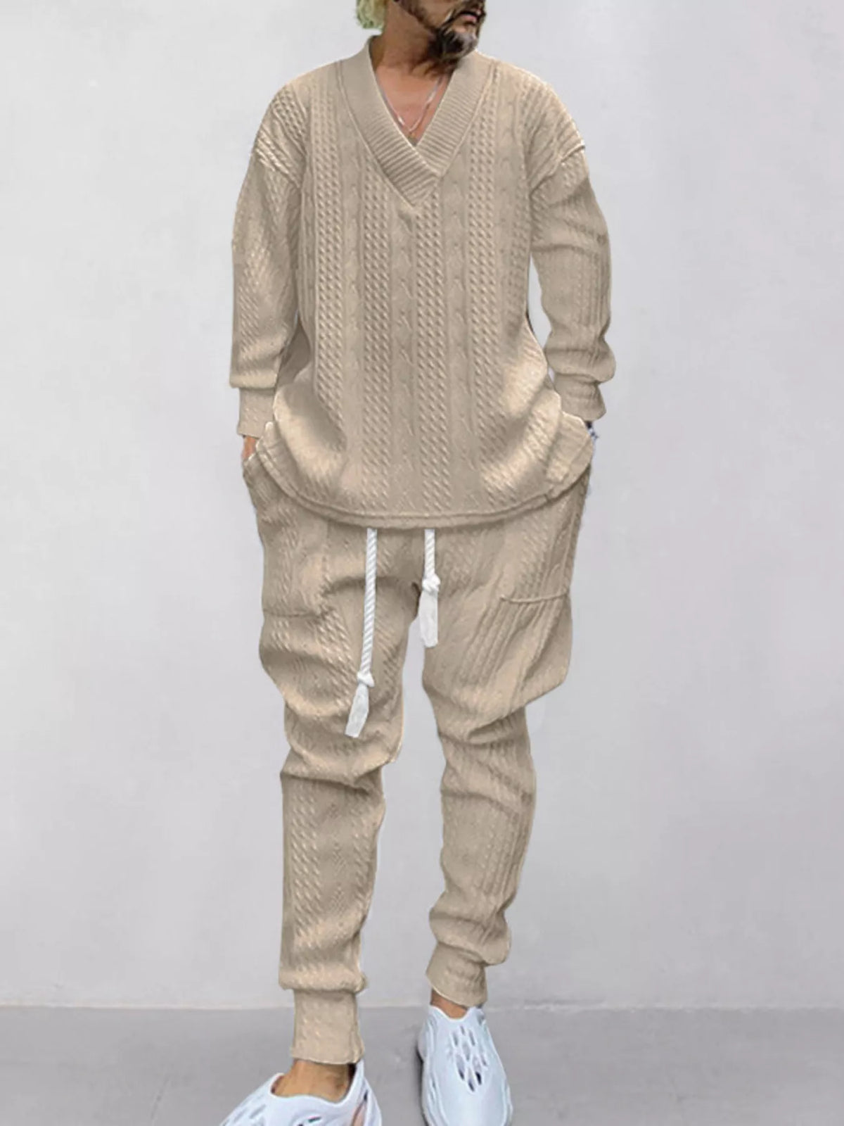 Men's Full Size Texture Knit Dropped Shoulder Top and Pants Set Plus Size
