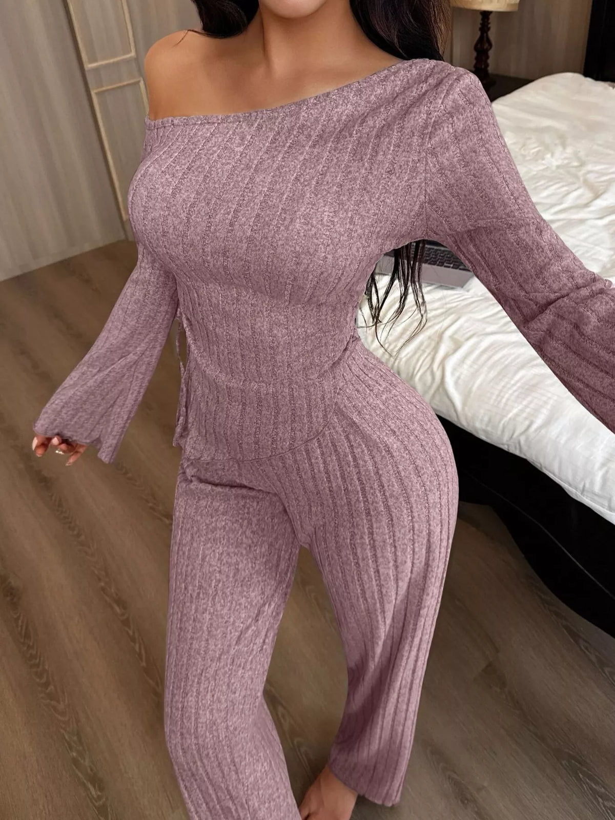 One-Shoulder Ribbed Knit Top and Pants Set – view 3