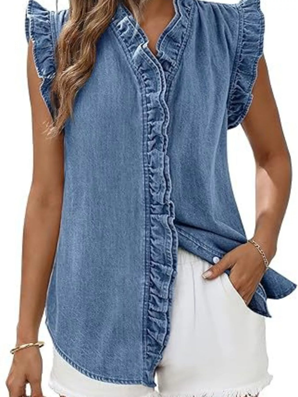 Ruffle Trim V-Neck Sleeveless Denim Top – view 2