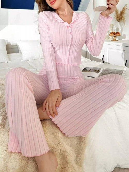 Bow Detail Ribbed Knit Top and Pants Lounge Set – view 2