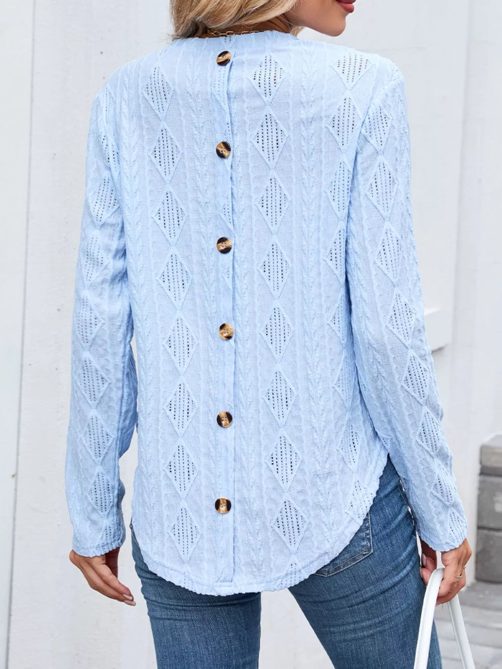 Openwork Textured Long Sleeve Top – view 2