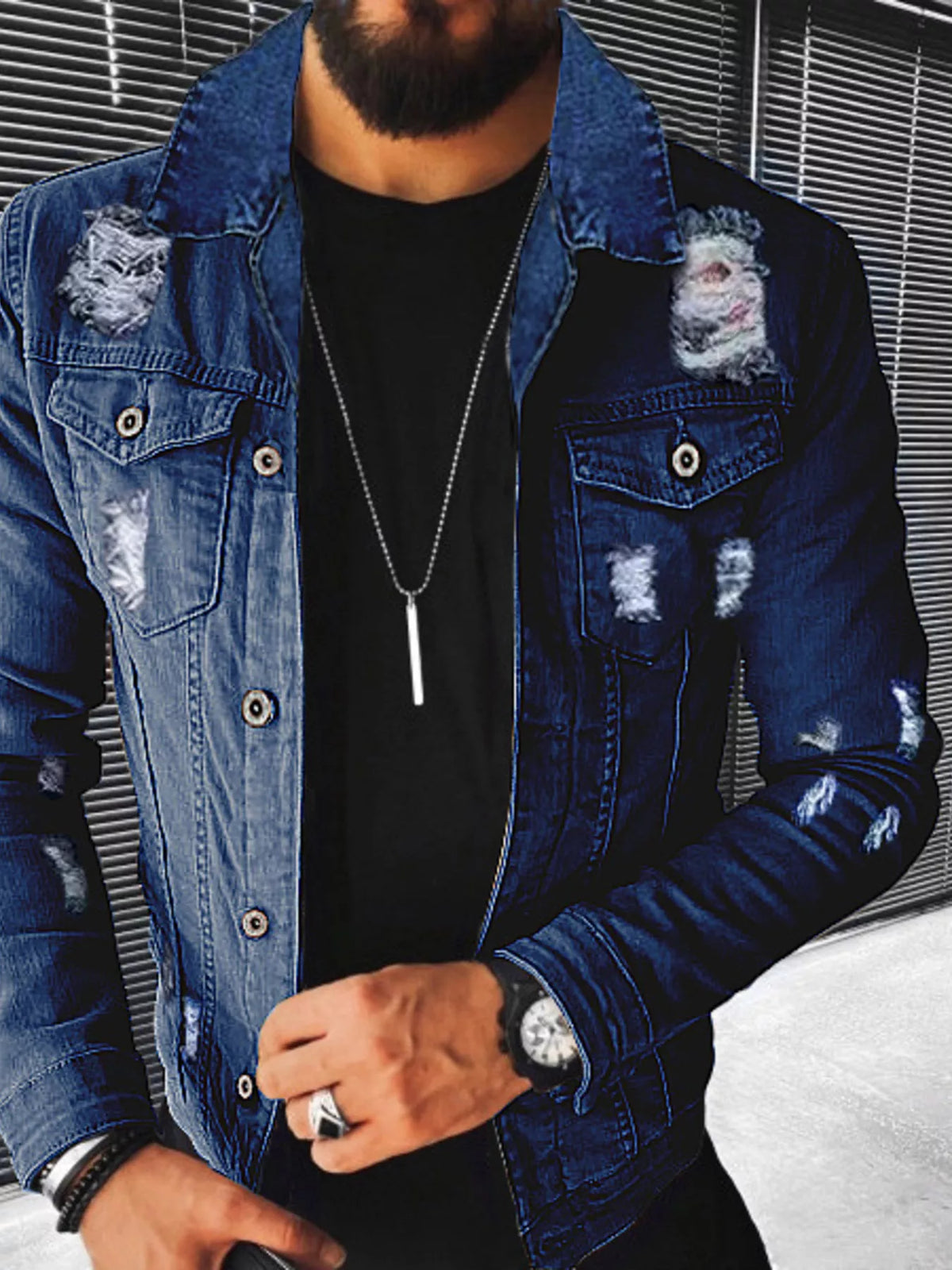 Men's Plus Size Distressed Button Up Denim-Look Jacket – view 2
