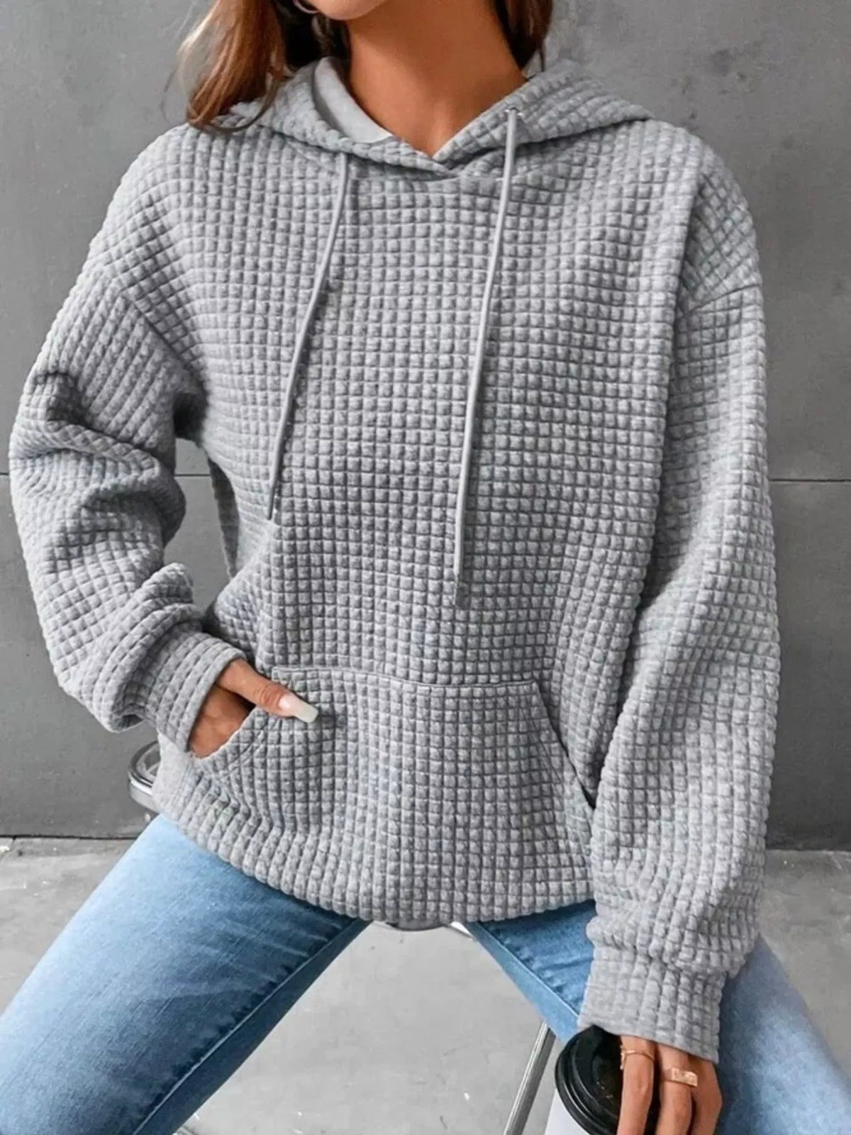 Full Size Textured Kangaroo Pocket Hoodie Plus Size – view 2