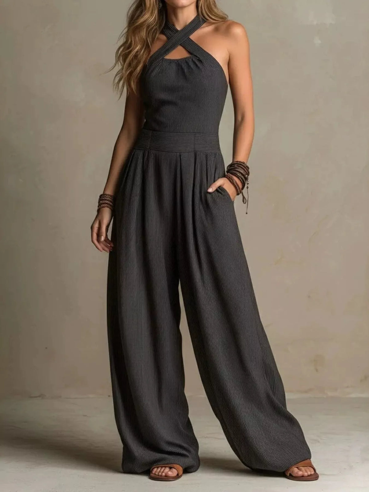 Halter Neck Wide-Leg Jumpsuit with Pockets