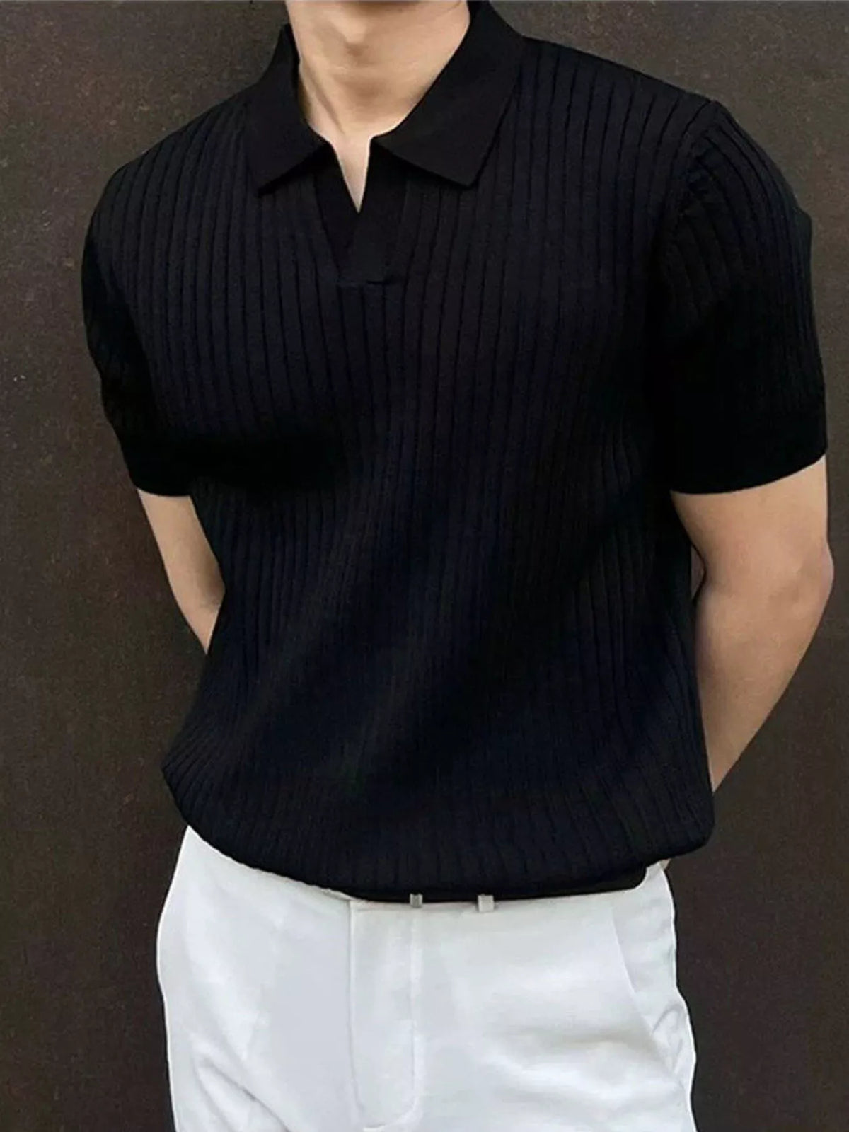 Men's Ribbed Knit Polo Shirt with Classic Collar – view 3