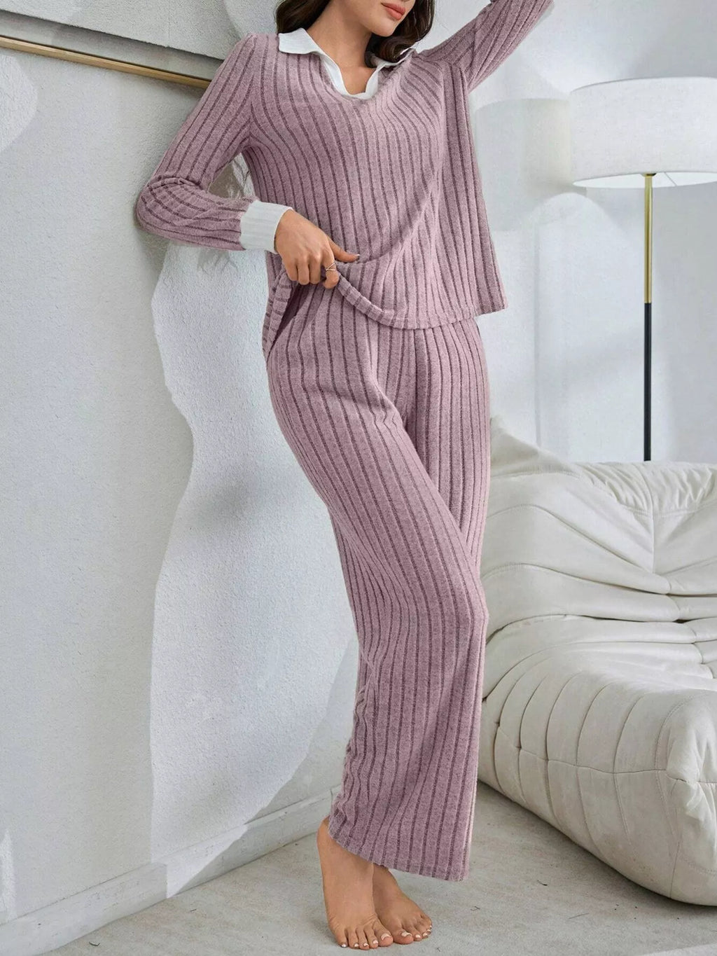 Ribbed Knit Polo Collar Top and Pants Lounge Set