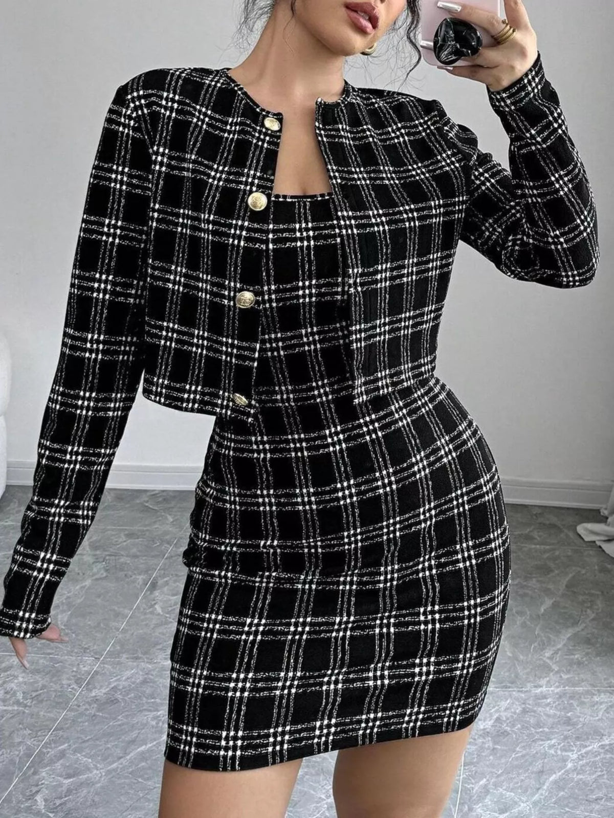 Plaid Tweed Crop Outerwear and Bodycon Mini Dress Two-Piece Set – view 2