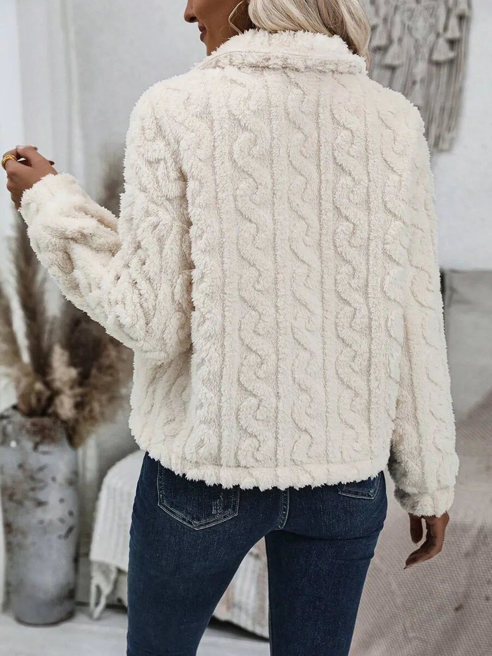 Fuzzy Button Up Collared Neck Jacket – view 3