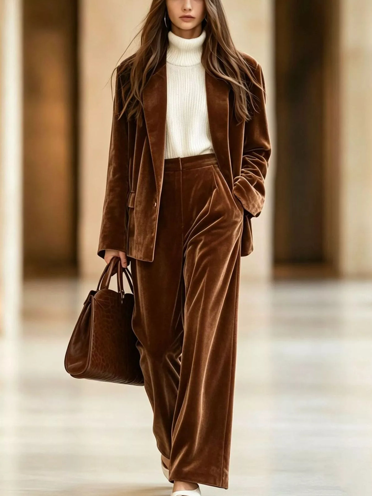 Velvet Blazer and Wide-Leg Pants Two-Piece Set